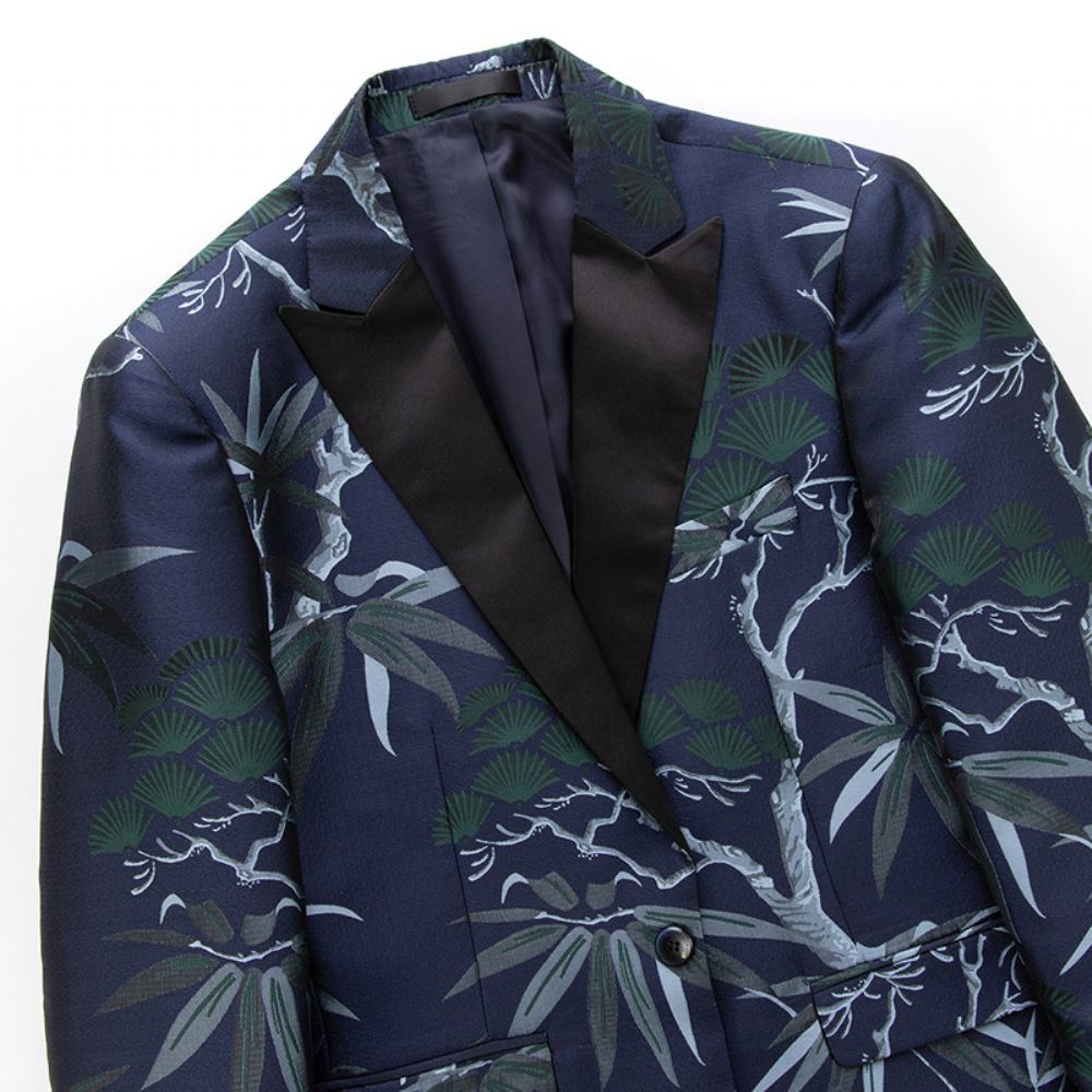 2022 Trendy Garnitur Jednoczęściowy Codzienne Slim-fit Zielony Kołnierz Owocowy Kurtka Nadrukiem Botanicznym Mężczyzn