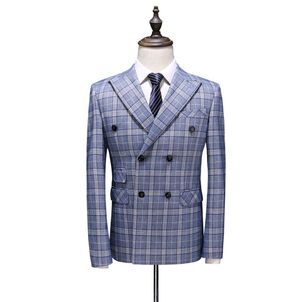 Garnitur Męski Business Casual Plaid Double Breast Suit Trzyczęściowy Strój Ślubny Pana Młodego Groomsmen