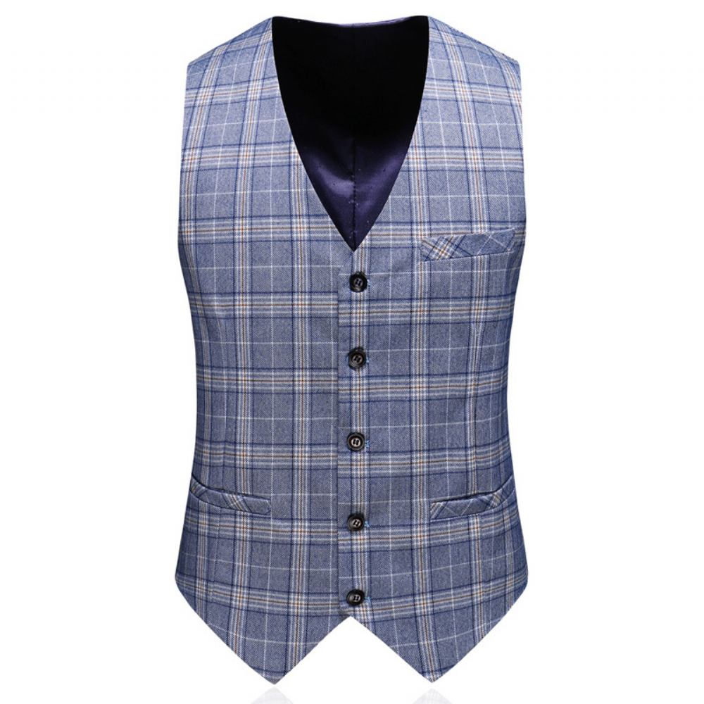 Garnitur Męski Business Casual Plaid Double Breast Suit Trzyczęściowy Strój Ślubny Pana Młodego Groomsmen