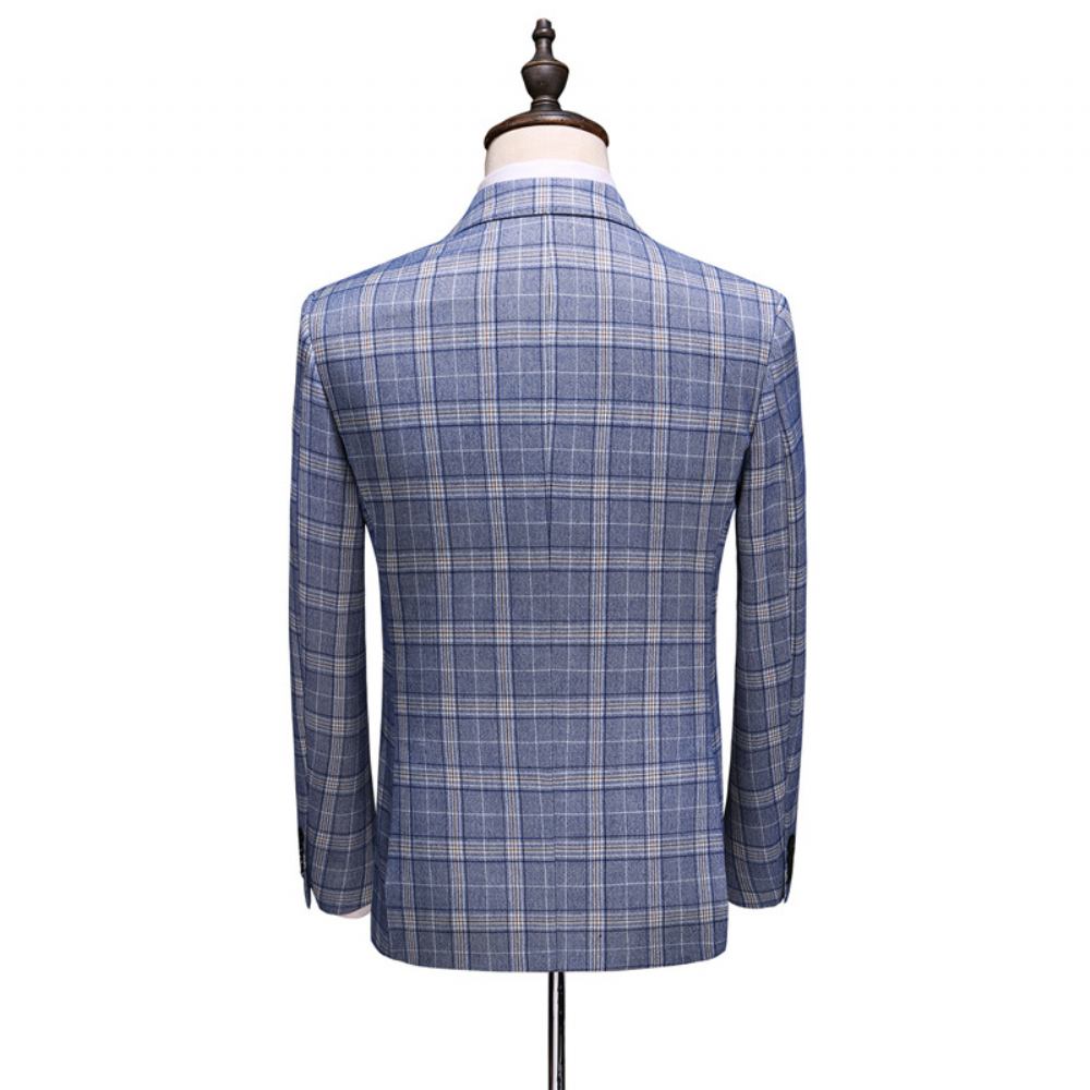 Garnitur Męski Business Casual Plaid Double Breast Suit Trzyczęściowy Strój Ślubny Pana Młodego Groomsmen