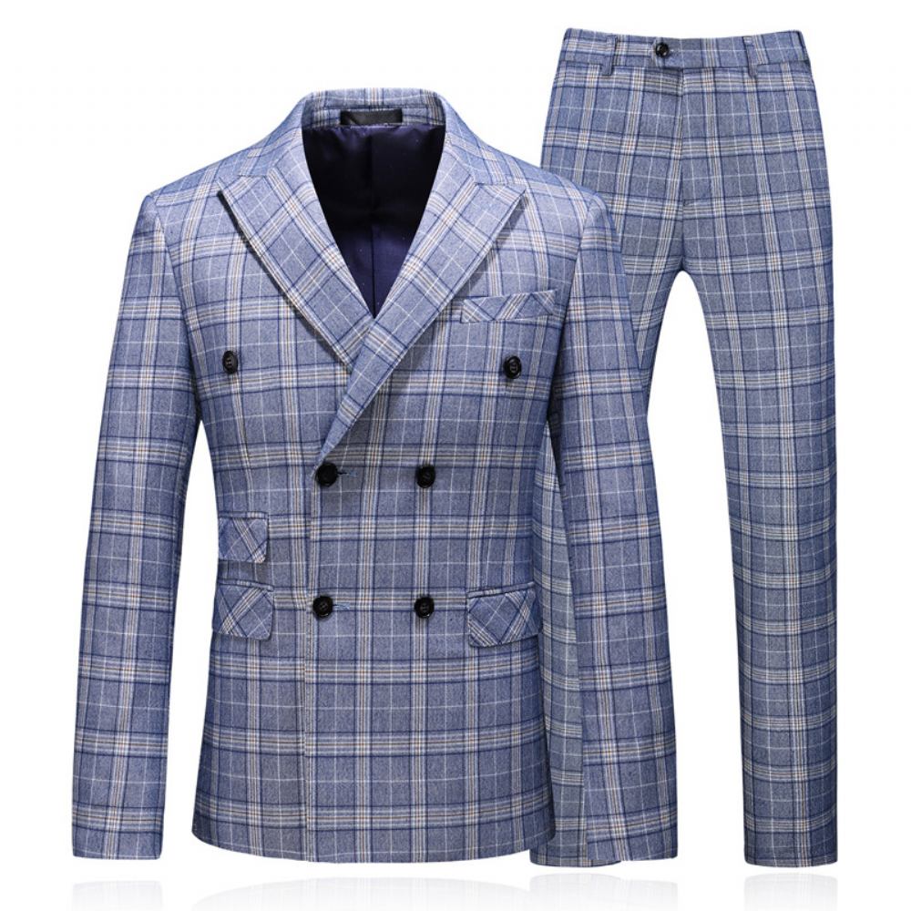 Garnitur Męski Business Casual Plaid Double Breast Suit Trzyczęściowy Strój Ślubny Pana Młodego Groomsmen