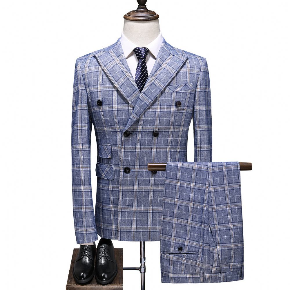 Garnitur Męski Business Casual Plaid Double Breast Suit Trzyczęściowy Strój Ślubny Pana Młodego Groomsmen