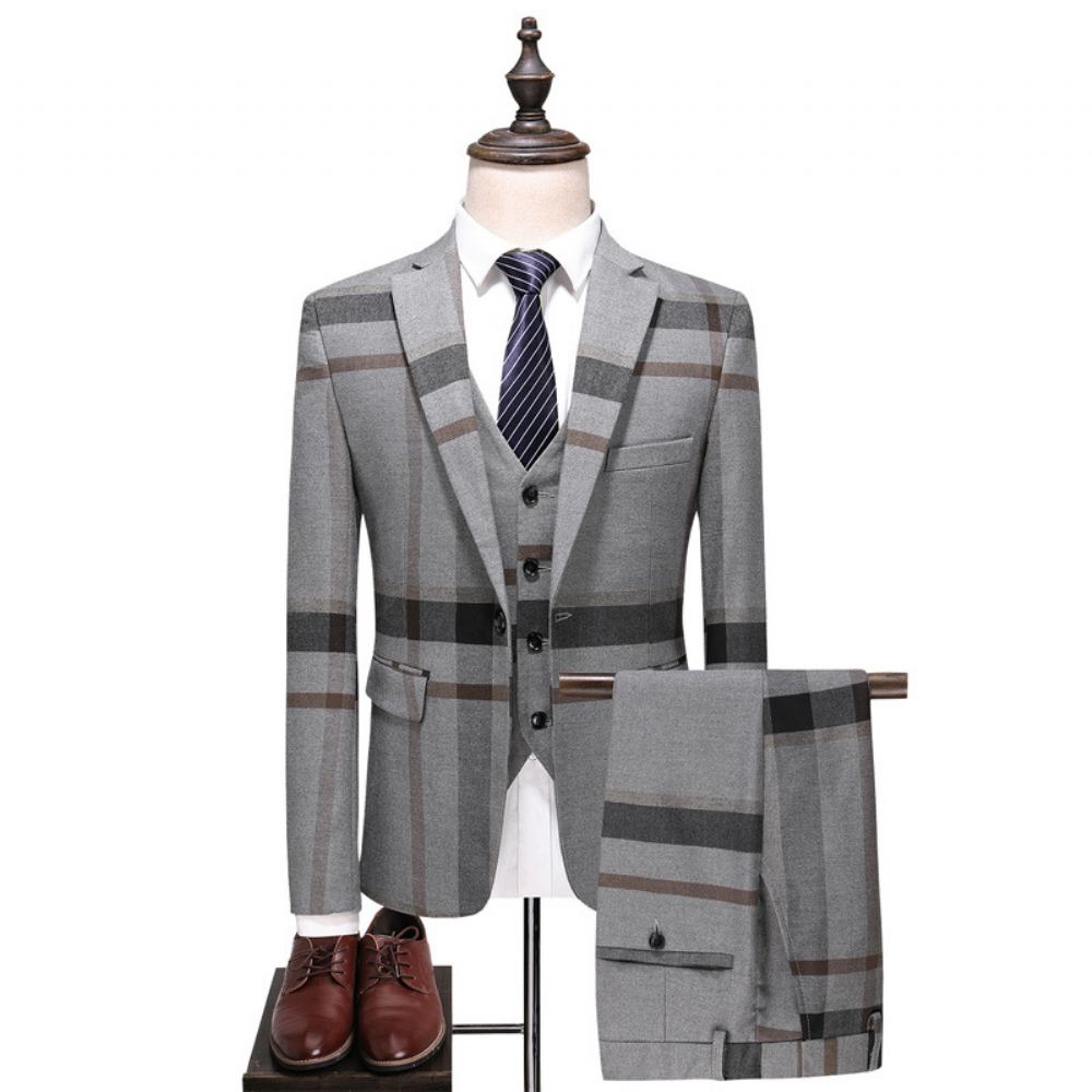 Garnitur Męski Casual Trzyczęściowy Slim Fit Duży Rozmiar Plaid Groom Dress Suit